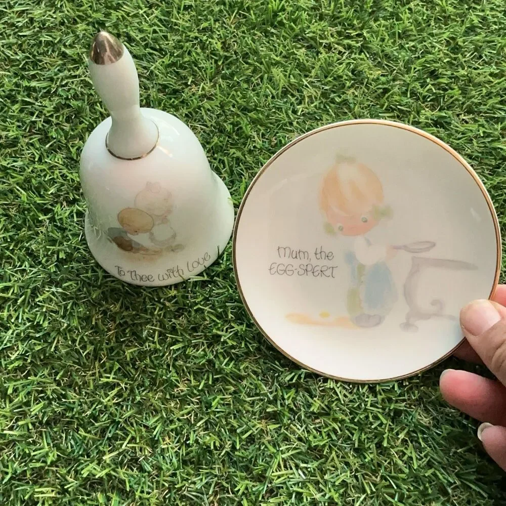 Vintage Precious Moments Mother Figurine Bell Plate Enesco 1978 3 Piece Lot
